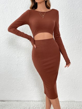 Sexy Women Cut Out Waist Knit Dress Long Sleeve Round Neck Bodycon Midi Dress Solid Color Ribbed Slim Fit Party Clubwear Maxi Gown