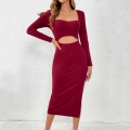 Women Sexy Burgundy Ribbed Knit Midi Dress Cutout Waist Side Slit Long Sleeve Square Neck Slim Fit Bodycon Dress for Party Clubwear