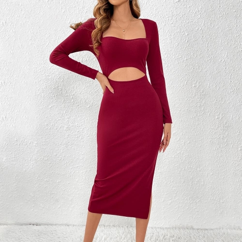 Women Sexy Burgundy Ribbed Knit Midi Dress Cutout Waist Side Slit Long Sleeve Square Neck Slim Fit Bodycon Dress for Party Clubwear