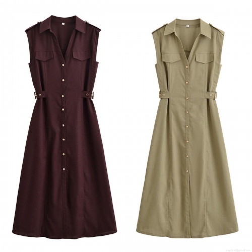 Women's Sleeveless Shirt Midi Dress Polyester Solid Color Turn-down Collar Button-down Dress with Chest Pockets and Waist Buckle Detail for Casual Summer Street Style Lady Fashion Vestidos