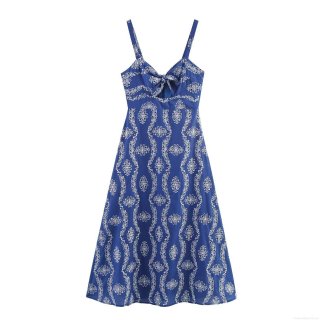 Women's Royal Blue Floral Embroidered Cami Midi Dress Cotton Polyester Blend Hollow Out Lace-up V-Neck Bohemian Summer Sundress For Vacation