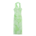 Women Summer Halter Neck Mesh Midi Dress Light Green Ruched Waist Sleeveless Tie-Dye Bodycon Scarf Dress For Party Club Streetwear