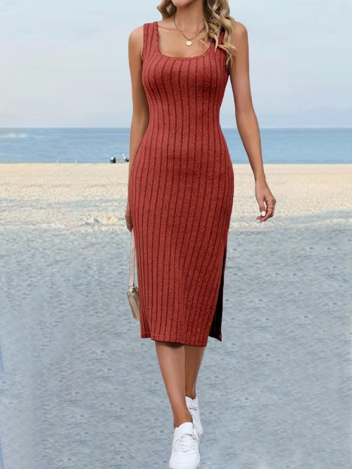 Women Sexy Ribbed Knit Midi Dress With 96.4% Polyester And 3.6% Spandex Sleeveless Side Slit Bodycon U-Neck Summer Beach Long Tank Dress