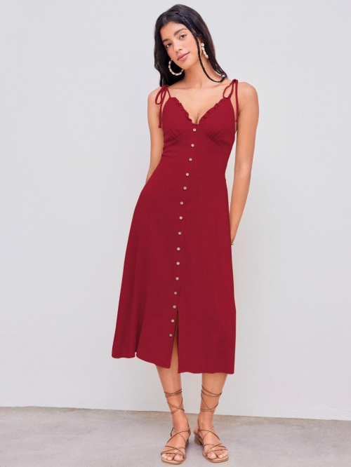 Women's French Style 100% Cotton Midi Dress Elegant V-Neck Ruffle Trim Single Breasted Wine Red Sling Dress With Smocked Back Adjustable Tie Straps A-Line Summer Sundress