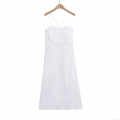 Women's White Satin Polyester Sling Midi Dress Backless Lace Trim Pleated Bust Cross Straps Sexy Summer Street Style Elegant Party Dress