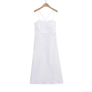 Women's White Satin Polyester Sling Midi Dress Backless Lace Trim Pleated Bust Cross Straps Sexy Summer Street Style Elegant Party Dress