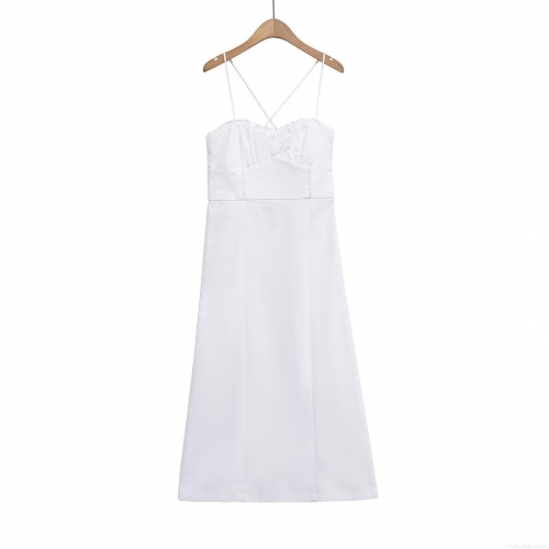 Women's White Satin Polyester Sling Midi Dress Backless Lace Trim Pleated Bust Cross Straps Sexy Summer Street Style Elegant Party Dress