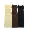 Women's Sexy Satin Side Ruched Cami Midi Dress Draped Neck Sleeveless Solid Color Side Drawstring Bodycon Party Clubwear Dress