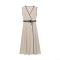 Women's Sleeveless V-Neck Midi Dress Linen Cotton Blend A-Line Belted Dress Contrast Binding Street Style Solid Color Casual Party Dress For Women Khaki