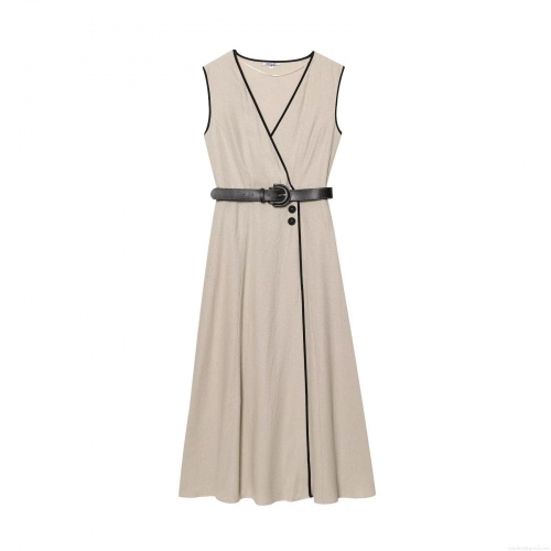 Women's Sleeveless V-Neck Midi Dress Linen Cotton Blend A-Line Belted Dress Contrast Binding Street Style Solid Color Casual Party Dress For Women Khaki