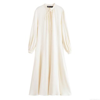 Elegant Solid Color Polyester Midi Dress Featuring Stand Collar Bow Tie And Lantern Long Sleeves For Women Daily Office Party Minimalist A-Line Dress