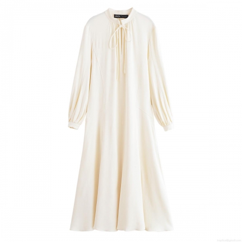 Elegant Solid Color Polyester Midi Dress Featuring Stand Collar Bow Tie And Lantern Long Sleeves For Women Daily Office Party Minimalist A-Line Dress