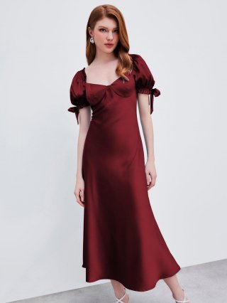 Women's Wine Red Satin Midi Dress Elegant Heart Neck Puff Sleeve Backless Tie Up Fishtail Bodycon Evening Party Dress For Ladies Wedding Guest