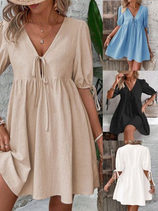 Women Elegant V Neck Cotton Dress Casual Loose A-Line Short Bubble Sleeve Tie Front Summer Sun Dress Vacation Travel Midi Dress For Graceful Ladies
