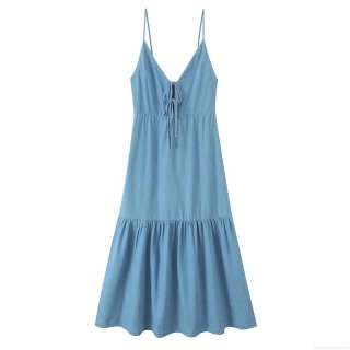 Women Sexy Backless Cami Midi Dress Summer V-Neck Bow Tie Front Denim Style Polyester Sleeveless Solid Color Party Vacation A-Line Layered Ruffle Dress