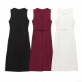 Women's Sleeveless Single Breasted Midi Dress With Belt Round Neck Solid Color Polyester Summer Casual Street Style Fashion Tank Dress For Women