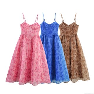 Women's Sexy Backless Floral Mesh Slip Dress Summer Casual V-Neck Adjustable Spaghetti Strap Midi Dress Large Swing A-Line Chiffon Beach Party Sun Dress