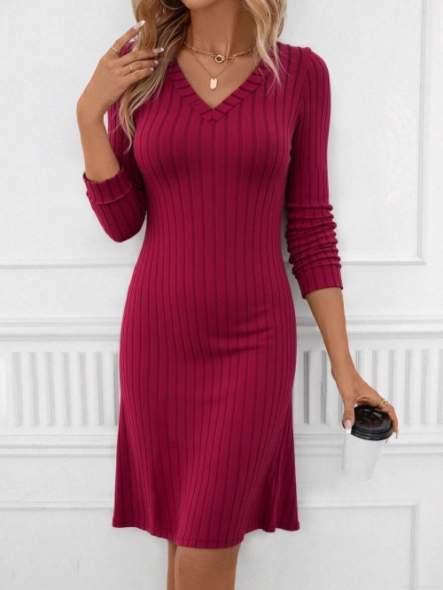 Elegant Wine Red V Neck Long Sleeve Ribbed Knit Midi Dress Slim Fit Solid Color Casual Commute Bodycon Sweater Dress For Women