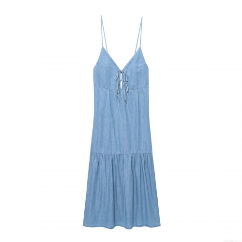 Summer Women V-Neck Bow Tie Denim Look Camisole Midi Dress Backless Tiered Blue Casual Sleeveless Sundress Streetwear Party Dress