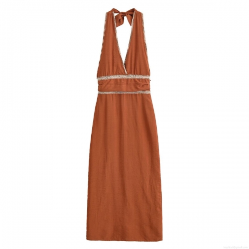 Women's Summer Halter Neck Backless Midi Dress With Embroidery V-Neck Slit Polyester Caramel Rust Red Street Style Dress