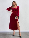 Sexy Velvet Square Neck Long Sleeve High Split Midi Dress With Tie Front Elegant Bodycon Party Evening Dress For Women Solid Color Slim Fit A-Line Dress