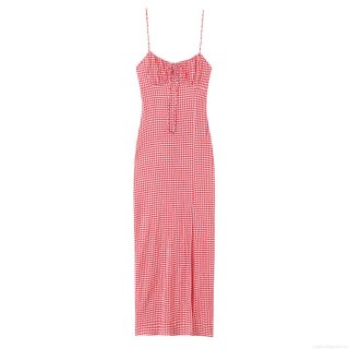 Women's Vintage Gingham Cami Midi Dress Cotton Blend Lace Up Backless Split A-Line Sundress For Summer Vacation Beach Streetwear Sexy V-Neck Gown