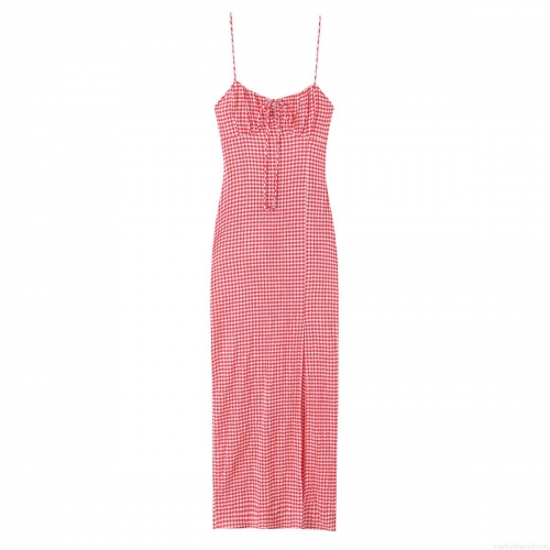 Women's Vintage Gingham Cami Midi Dress Cotton Blend Lace Up Backless Split A-Line Sundress For Summer Vacation Beach Streetwear Sexy V-Neck Gown
