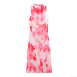 Women's Tie-Dye Satin Texture Sleeveless Midi Dress Elegant Round Neck Backless Party Streetwear Summer Dresses For Women