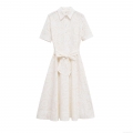 Women's Hollow Out Embroidery Shirt Dress Cotton Blend Short Sleeve Lapel Button Down Belted Waist Casual Summer Party Elegant White Midi Dress Women
