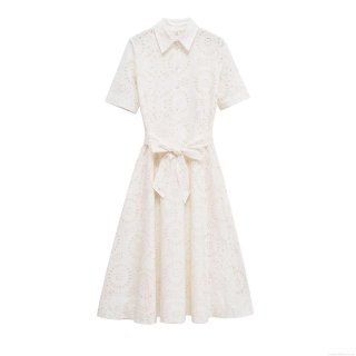 Women's Hollow Out Embroidery Shirt Dress Cotton Blend Short Sleeve Lapel Button Down Belted Waist Casual Summer Party Elegant White Midi Dress Women