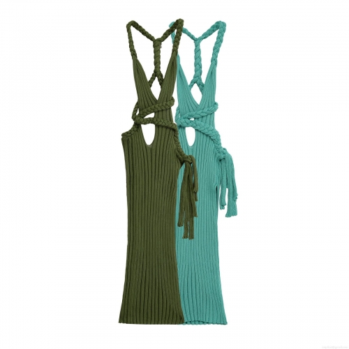 Women Sexy Backless Halter Knit Midi Dress Ribbed Cut Out Bodycon Fringe Dress Summer Emerald Green Sleeveless Bohemian Beach Party Dress