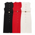 Elegant Sleeveless Round Neck Midi Dress For Women With Gold Buttons And Matching Belt Solid Color Polyester Bodycon Dress For Party Office Streetwear
