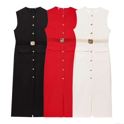 Elegant Sleeveless Round Neck Midi Dress For Women With Gold Buttons And Matching Belt Solid Color Polyester Bodycon Dress For Party Office Streetwear