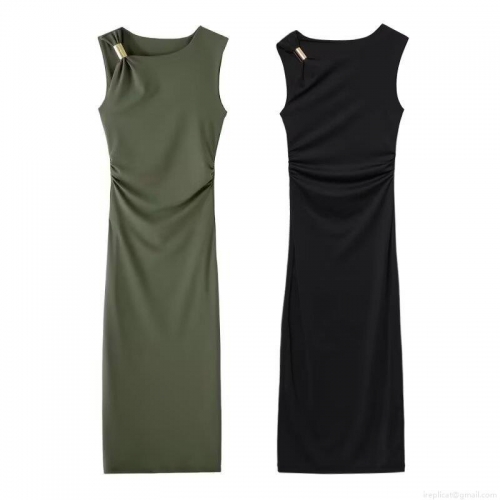 Women's Sleeveless Ruched Bodycon Midi Dress With Metal Ring Decoration Elegant Solid Color Polyester Evening Party Dress For Ladies Sexy Streetwear Style Summer Dress