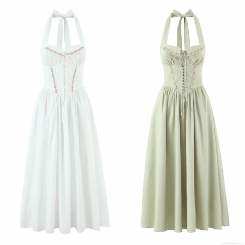 French Countryside Floral Embroidery Halter Midi Dress Women Summer Lace Up Corset Backless 100% Cotton Sun Dress For Vacation Party