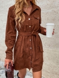 Women's Casual Corduroy Shirt Dress Long Sleeve Button Down Midi Dress With Belt And Pockets Solid Color Retro Streetwear Autumn Winter Polyester Dresses