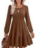 Women's Elegant Square Neck Long Sleeve Knit Midi Dress Autumn Winter Solid Brown Tiered Pleated A-Line Sweater Dress For Commuting Office Ladies
