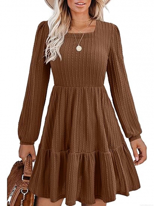 Women's Elegant Square Neck Long Sleeve Knit Midi Dress Autumn Winter Solid Brown Tiered Pleated A-Line Sweater Dress For Commuting Office Ladies
