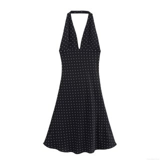 Women Summer Sexy Backless Halter Neck V-Neck Polka Dot A-Line Midi Dress Polyester Retro Street Style Sleeveless Casual Beach Party Sundress