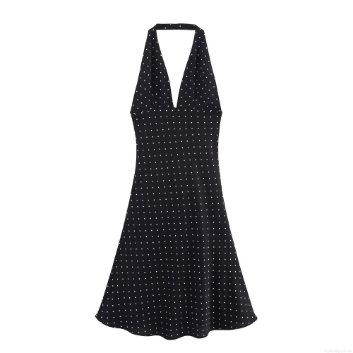 Women Summer Sexy Backless Halter Neck V-Neck Polka Dot A-Line Midi Dress Polyester Retro Street Style Sleeveless Casual Beach Party Sundress