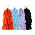 Women Sexy Backless Halter Midi Dress Chiffon Layered Ruffle Tiered Cake Dress With 3D Flower Summer Party Vacation Streetwear Solid Color Elegant Sun Dress