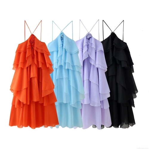 Women Sexy Backless Halter Midi Dress Chiffon Layered Ruffle Tiered Cake Dress With 3D Flower Summer Party Vacation Streetwear Solid Color Elegant Sun Dress