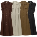 Women's Sleeveless Shirt Dress Utility Cargo Style Lapel Button Down Midi A-Line Dress With Belt Pockets Polyester Cotton Linen Blend Casual Summer Streetwear