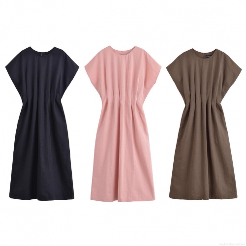 Women Round Neck Sleeveless Pleated Waist Midi Dress Polyester Linen-like Fabric Solid Color Summer Street Style Casual Fashion Elegant Evening Party Dresses For Lady