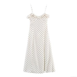 Women Summer European Style Polka Dot Cami Dress Ruffle Trim Backless Cross Tie Side Slit V Neck Polyester Linen Long Dress For Beach Vacation Party