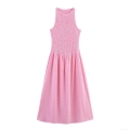 Women's Summer Gingham Midi Dress Sleeveless Round Neck Smocking Waist Casual Vacation Street Style A-Line Linen Blend Pink White Plaid Dress