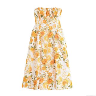 Women's Polyester Strapless Rose Floral Print Midi Dress Smocked Back A-Line Slim Fit Sleeveless Sun Dress For Vacation Party Summer
