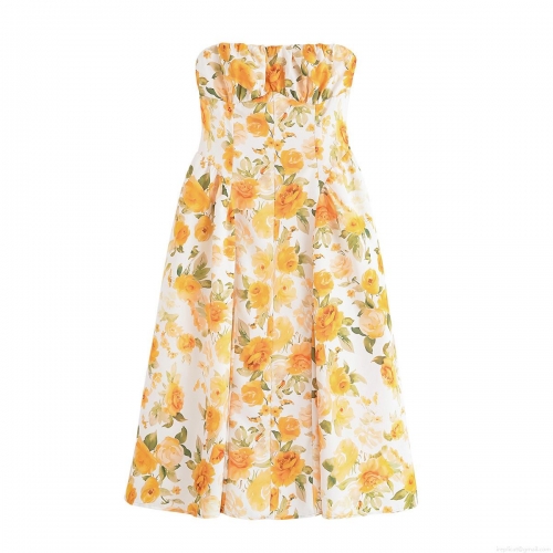 Women's Polyester Strapless Rose Floral Print Midi Dress Smocked Back A-Line Slim Fit Sleeveless Sun Dress For Vacation Party Summer