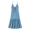 Women's Summer Midi Camisole Dress Backless Hollow Out Lace-up Bow V-Neck Ruffle Hem Tiered Polyester Denim Texture Streetwear Style Sundress