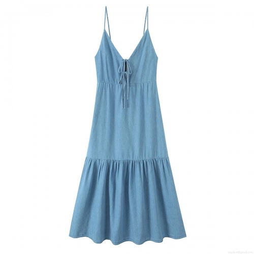 Women's Summer Midi Camisole Dress Backless Hollow Out Lace-up Bow V-Neck Ruffle Hem Tiered Polyester Denim Texture Streetwear Style Sundress